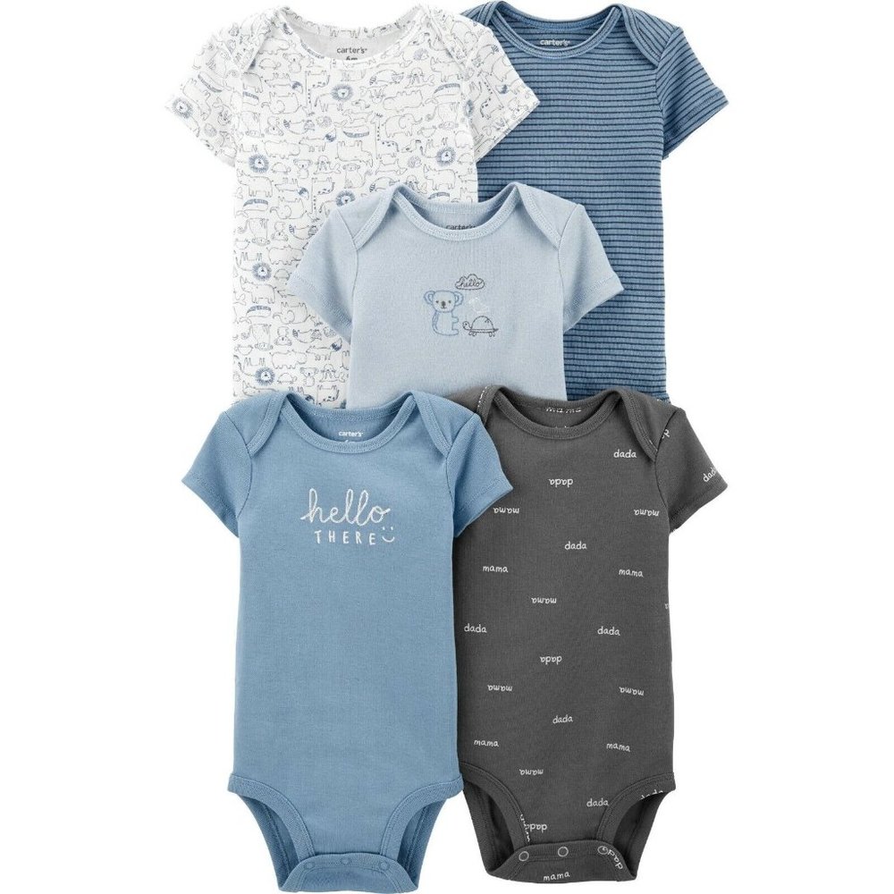 Carter's Baby Boys 5 Pack Preemie Bodysuit Animal Set Blue and White